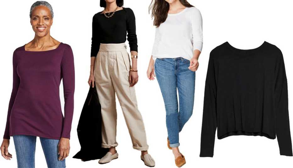 L.L. Bean Women’s Pima Cotton Tee, Long-﻿Sleeve Square﻿neck Tunic in Royal Plum; Banana Republic Fitted Ribbed Boatneck Tee in Black; J.Jill Pima ﻿3/4﻿-Sleeve Scoop-Neck Tee in White; Old Navy Long-Shoulder Luxe Oversized Tee for Women in Black Jack