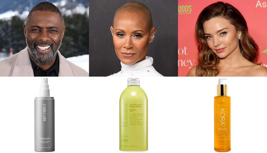 Idris Elba above a spray bottle of S’Able Rooibos Micellar Water, Jada Pinkett Smith above a bottle of Hey Humans Banana Aloe Hydrating Body Wash and Miranda Kerr above a bottle of Kora Organics Turmeric Glow Foaming Cleanser