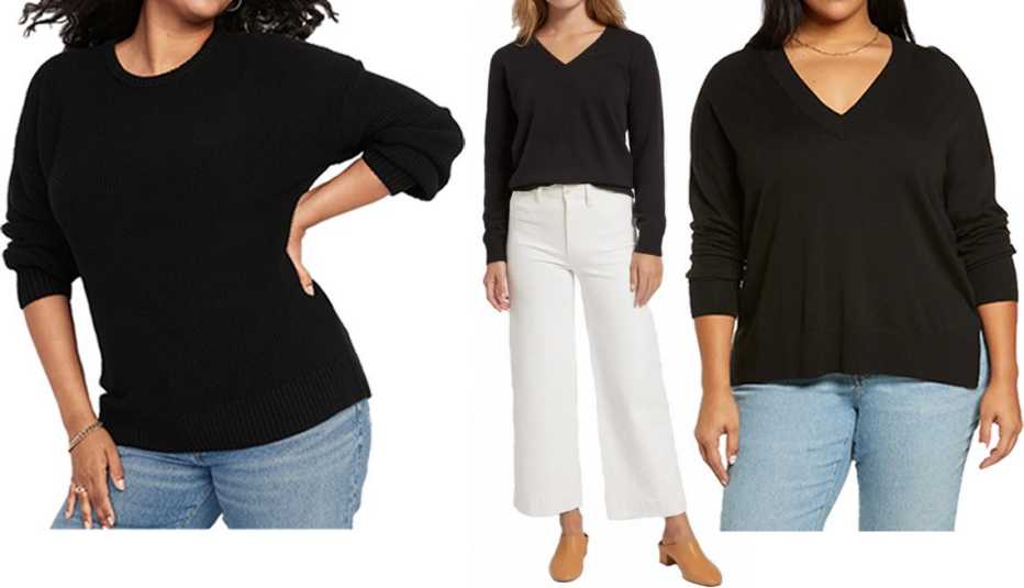 Old Navy Textured-Knit Tunic Sweater for Women in Black Jack; Quince Mongolian Cashmere V-Neck Sweater in Black; Treasure & Bond Plus Drop Shoulder V-Neck Sweater in Black