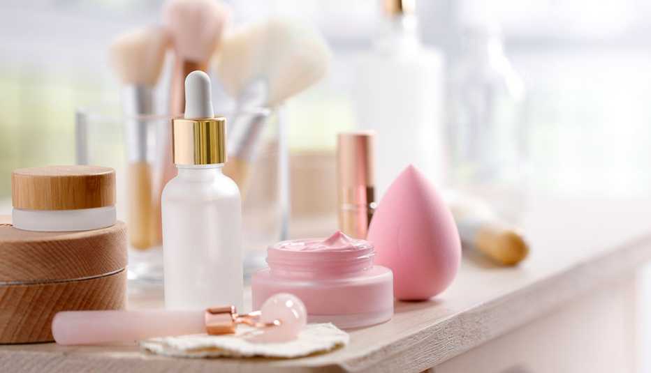 a collection of makeup and skin care items