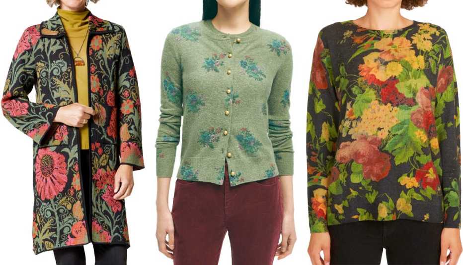 Botanical Alpaca Sweater Coat in Black; Lambswool Floral Print Cardigan in Green; Vintage Floral Print Crew