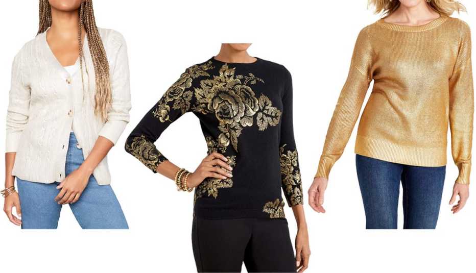 June + Vie by Rodman’s Women’s Plus Size Metallic Cable-Knit Cardigan; Audrey Cashmere Sweater in Stencil Floral; I.N.C. International Concepts Women’s Foiled Boat-Neck Sweater in Gold Foil Combo