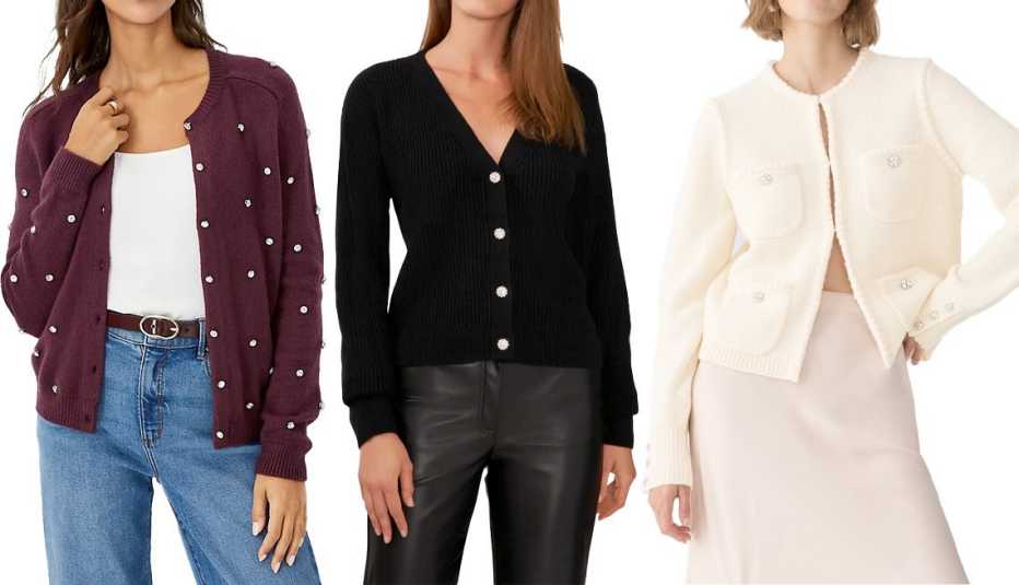 Rhinestone Embellished Cardigan in Plum Rose; Halogen Embellished Button Cardigan in Black; Odette Sweater Lady Jacket with Jeweled Buttons in Hthr Muslin