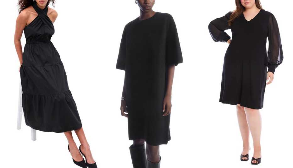 Halter Tiered Maxi Dress in Black; Oversized-Fit Wool T-Shirt Dress in Black; Plus Size Sheer Sleeve Dress in Black