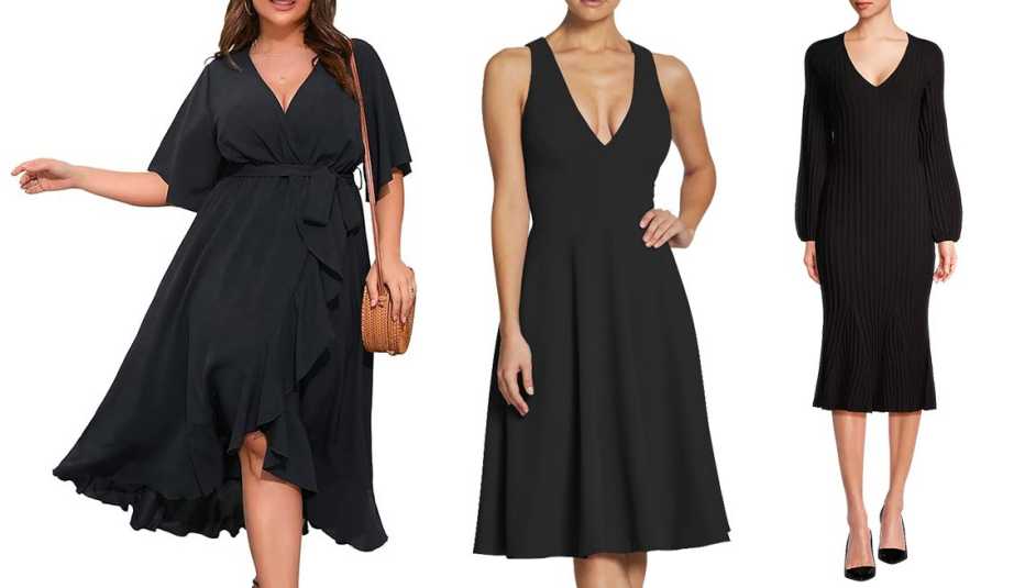 SCOMCHIC Women Plus Size Maxi Dress Short Sleeve Wrap V Neck High Low Split Ruffle Long Dress; Dress the Population Cataline Fit & Flare Cocktail Dress in Black; Donna Karan New York Deco Channel Knit Midi-Dress in Black 