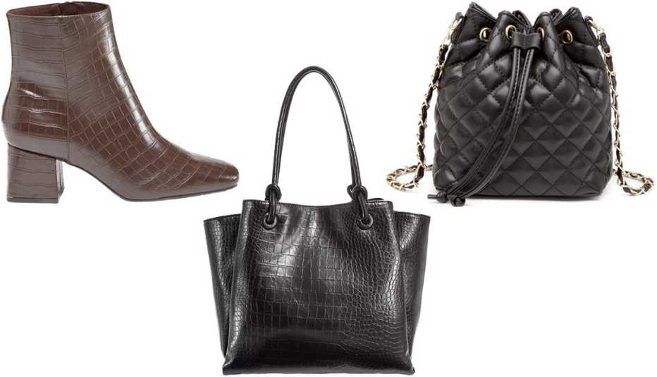 Old Navy Faux Leather Square Toe Boots for Women in Chocolate; Aqua Large Croc Embossed Tote in Black; Poppy Women’s Vegan Leather Quilted Crossbody Drawstring Bucket Bag in Black