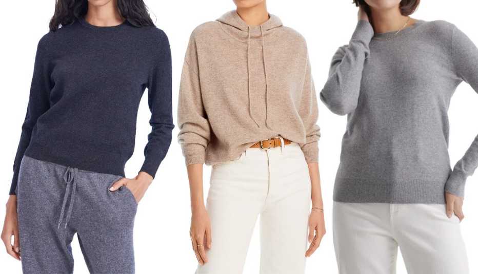 Naadam Women’s The Essential $75 Cashmere Sweater in Smoke; Aqua Cashmere Drop Shoulder Cashmere Hoodie in Wheat; Quince Mongolian Cashmere Crewneck Sweater in Heather Grey