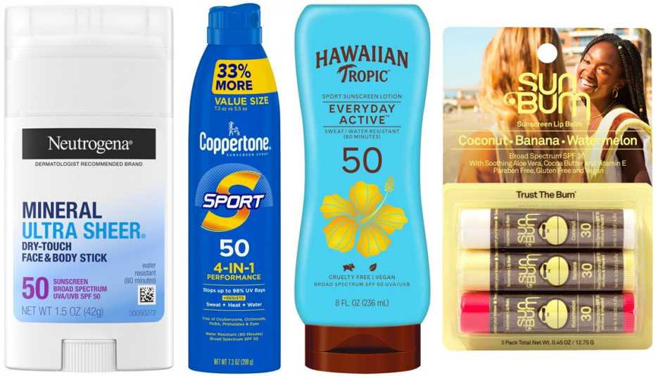 Neutrogena Ultra Sheer SPF 50 Zinc Dry-Touch Face & Body Stick; Coppertone Sport Sunscreen Spray SPF 50; Hawaiian Tropic Everyday Active Sport Sunscreen Lotion SPF 50; Sun Bum SPF 30 Sunscreen Lip Balm in Coconut, Banana, Watermelon