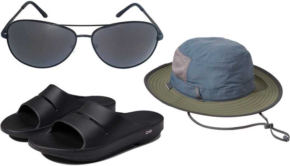 J+S Premium Classic Aviator Sunglasses Polarized, 100% UV Protection in Black Frame/Gray Lens; Men’s Sunday Afternoons Brushline Bucket Hat UPF50+ in Mineral/Timber or Cream/Juniper; OOFOS OOahh Slide Sandal in Black
