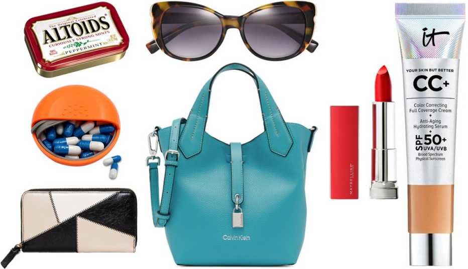 Universal Thread Women’s Zip Wallet in Black/Patchwork; LazyMe Round Pill/Vitamin Case; Altoids Mints; Fabiola Sofia Vergara x Foster Grant Women’s Sunglasses in Tortoise Frame/Smoke Gradient Lenses; IT Cosmetics CC+ Cream SPF 50 Travel Size; Maybelline Color Sensational Made For All Lipstick in 382 Red for Me; Calvin Klein Remy Crossbody in Turquoise