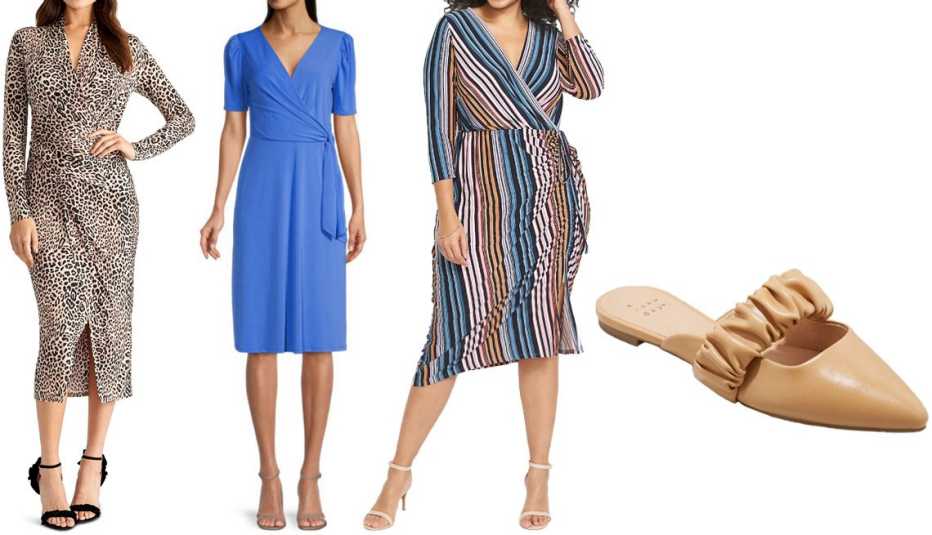 RACHEL Rachel Roy Bret Jersey Dress in Leopard; Liz Claiborne Short Sleeve Wrap-Dress in Signature Blue; Lane Bryant Surplice-Neck Side-Ruched Midi Dress in Anthem Stripe; A New Day Women’s Celeste Mules in Tan