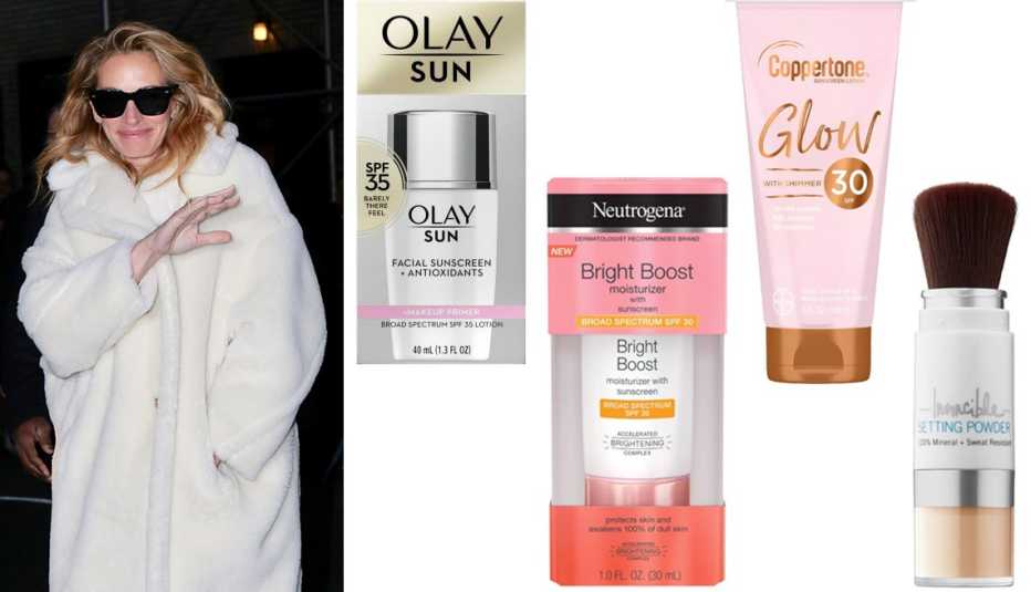 Actress Julia Roberts wearing sunglasses and a white coat along with a variety of sunscreen products