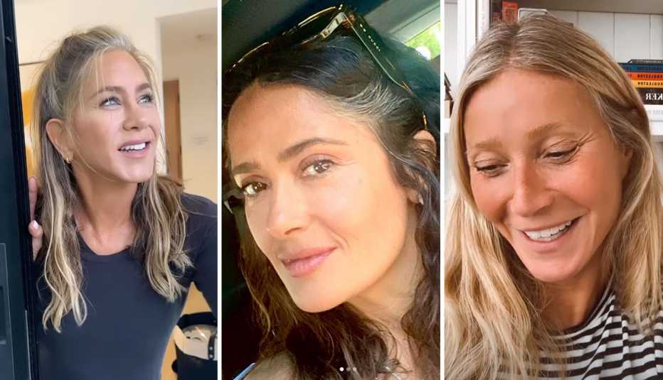 jennifer aniston salma hayek and gwyneth paltrow showing off their gray hair on posts on Instagram