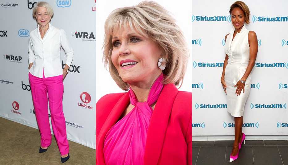 Helen Mirren in tulip pink pants, Jane Fonda with a hot pink scarf and Jada Pinkett Smith wearing has pink and white shoes.