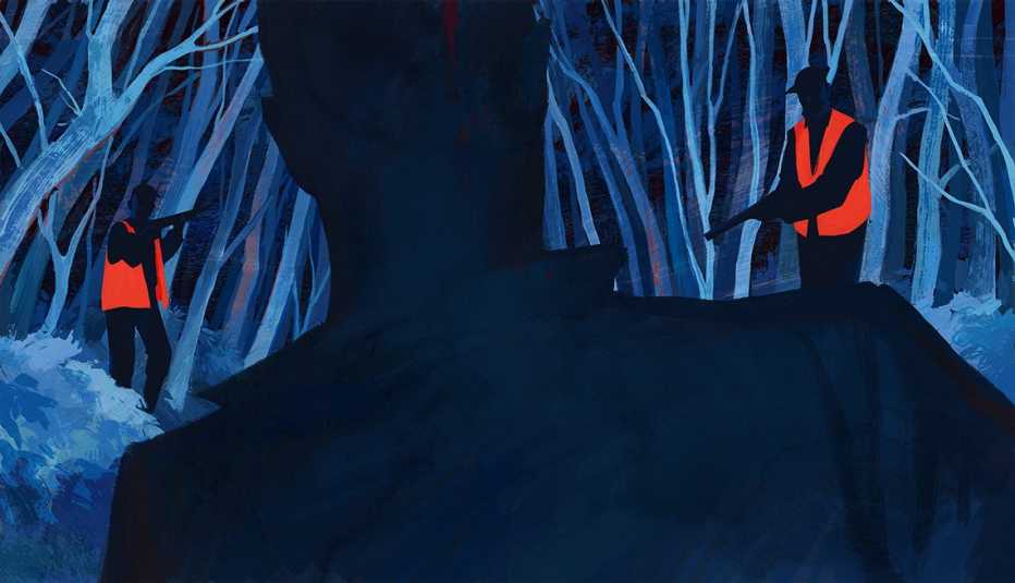 Illustration of an over-shoulder silhouette of a man heading into a forest; in front of him are two people in bright orange hunting vests who  are coming toward him and pointing shotguns at him