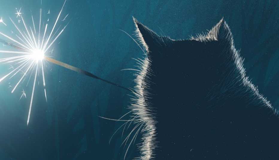 illustration of gray cat with lit sparkler in its mouth