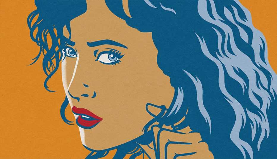 illustration of a woman with red lips twirling strands of her wavy hair around her finger