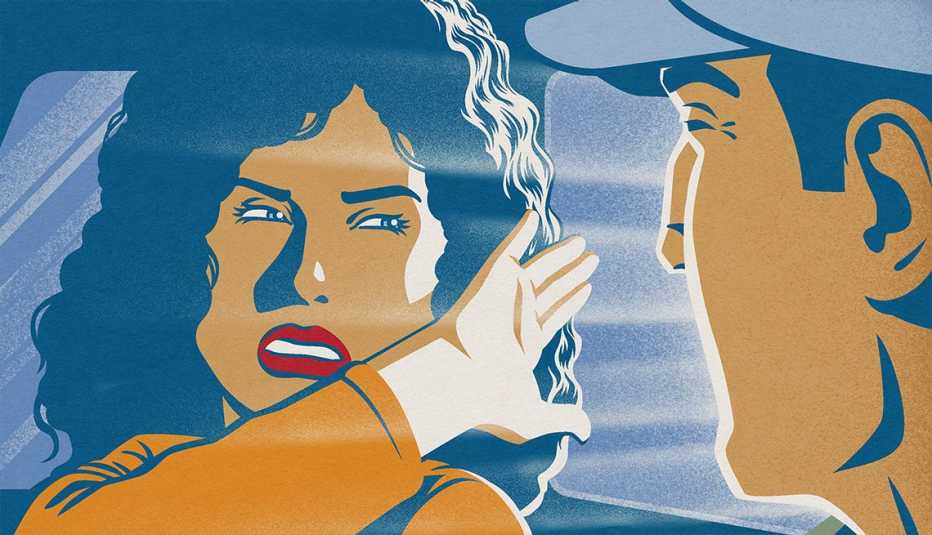 illustration of a woman and man in a vehicle; a light is shining through the window and the woman is blocking it with her hand and squinting