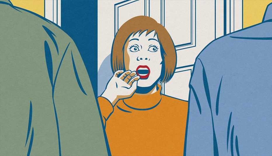illustration of a woman standing at her open front door with her hand raised to her mouth, standing in front of her are two people with only their backs visible from this view