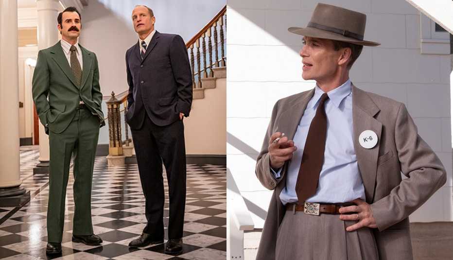 justin theroux and woody harrelson in the limited hbo series white house plumbers and cillian murphy smoking a cigarette in the film oppenheimer