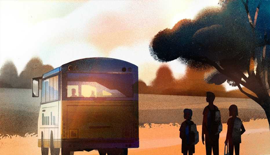 illustration of three teens standing together under a tree and watching a school bus drive away