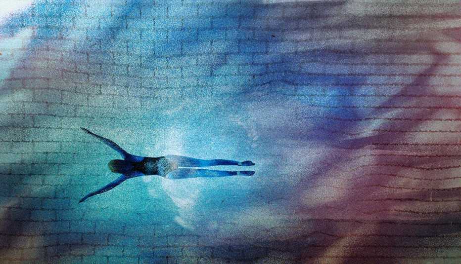 illustration of	aerial view of girl swimming in a pool with tiles below