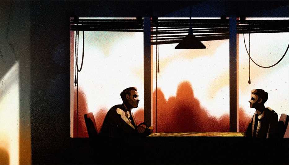 illustration of a man and teenage boy sitting at a table in interview room with two chairs in front of windows