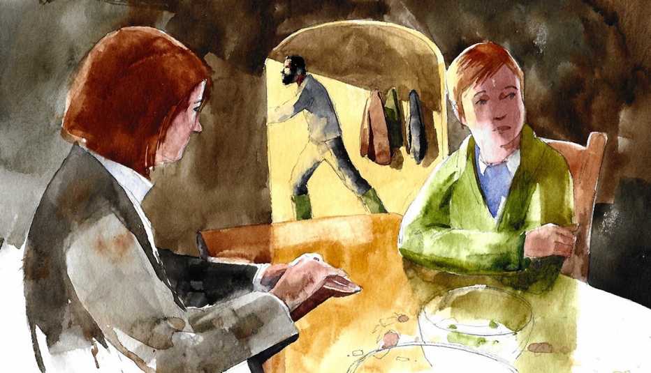 illustration of two people seated at a table looking serious, with a bearded man in a doorway in the background