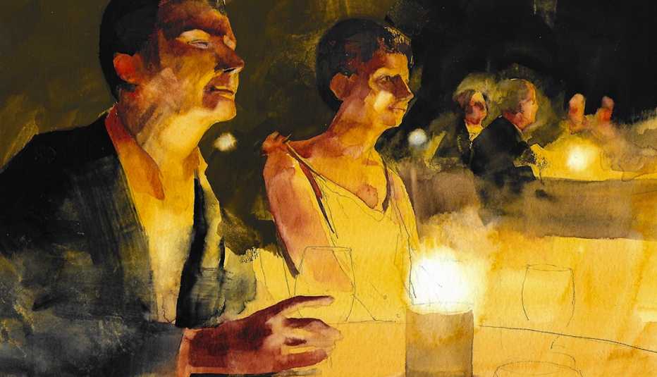 a man and woman at a dinner table with wine glasses