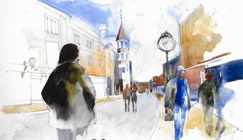 a person walking down a busy city street