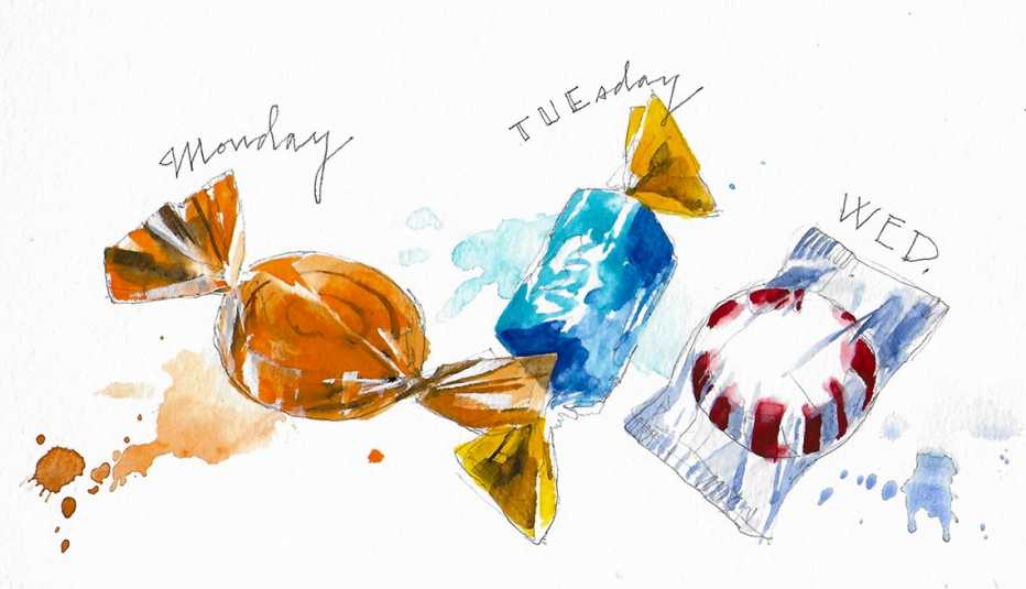 3 candies labeled monday, tuesday, wednesday