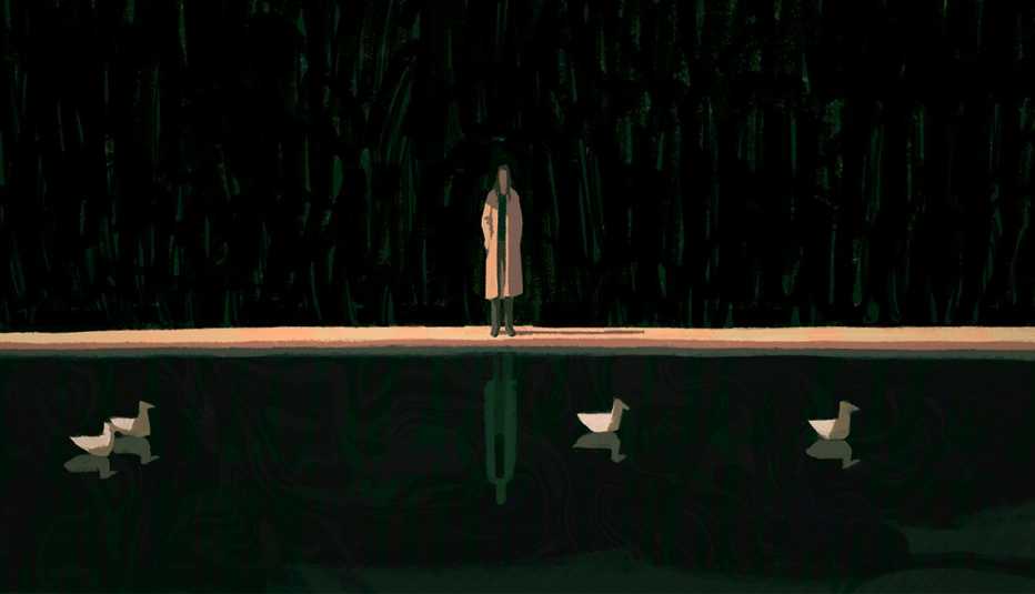 illustration of person reflected in placid pond with four ducks