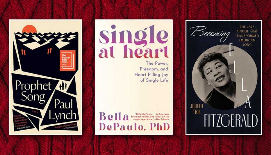 Prophet Song by Paul Lynch, Single at Heart by Bella DePaul, MD, and Becoming Ellla Fitzgerald by Judith Tick book covers on a red background