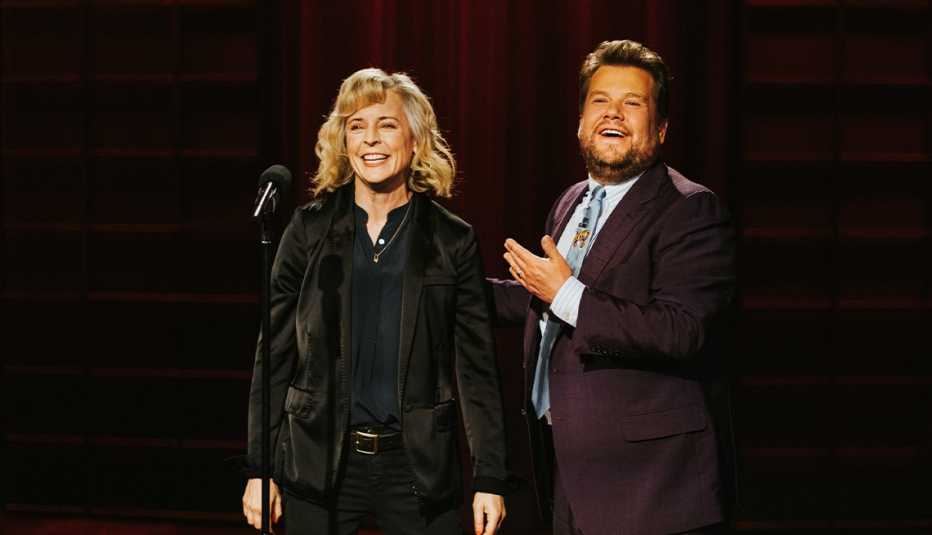 maria bamford behind microphone with james corden