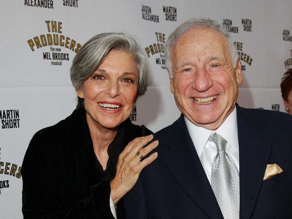 actors anne bancroft and mel brooks at a film premiere