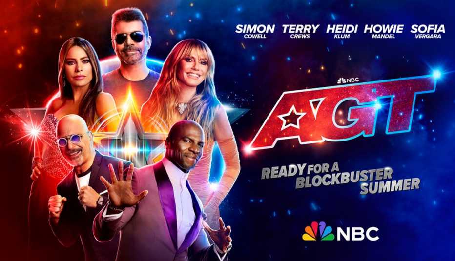 america's got talent cover showing simon cowell, sofia vergara, heidi klum, howie mandel and terry crews with all their names at top; letters a g t and n b c; words ready for a blockbuster summer