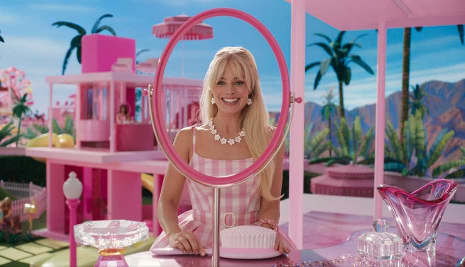 margot robbie in a scene from the film barbie