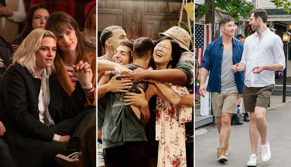 Kristen Stewart and Mackenzie Davis hold hands in the film Happiest Season; Tomás Matos, Matt Rogers, Joel Kim Booster, Margaret Cho and Torian Miller embrace together in Fire Island; Billy Eichner and Luke Macfarlane walking next to each in the film Bros