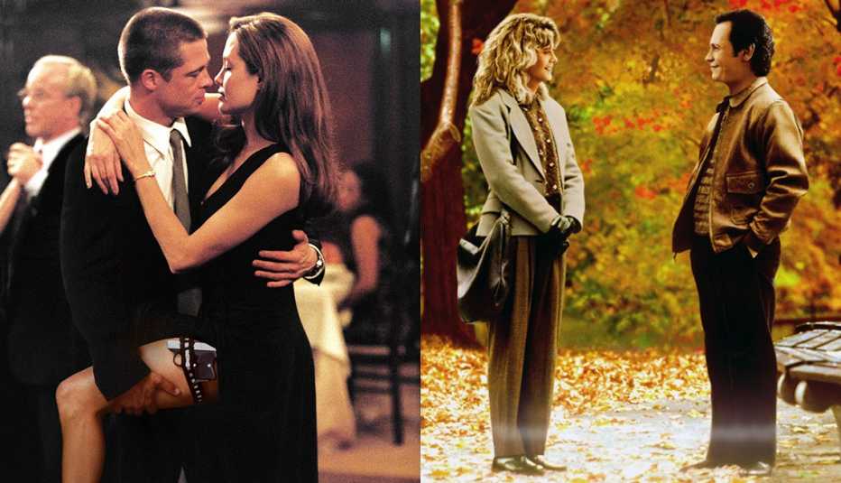 Brad Pitt and Angelina Jolie slow dancing together in Mr and Mrs Smith and Meg Ryan and Billy Crystal standing across from each other outside in a fall foliage setting in When Harry Met Sally