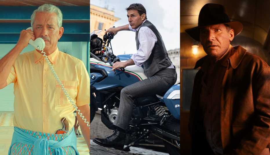 Tom Hanks talking on the phone in the film Asteroid City, Tom Cruise riding a motorcycle in the film Mission: Impossible – Dead Reckoning Part One and Harrison Ford stars in the film Indiana Jones and the Dial of Destiny