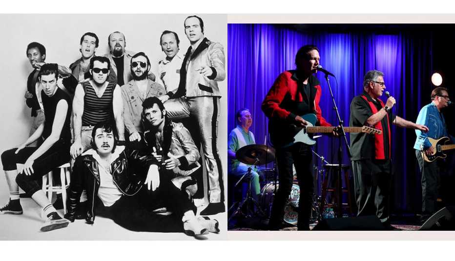 Members of Sha Na Na in 1970 and 2019