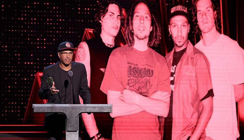 Tom Morello speaks onstage during 38th Annual Rock & Roll Hall of Fame Induction Ceremony.