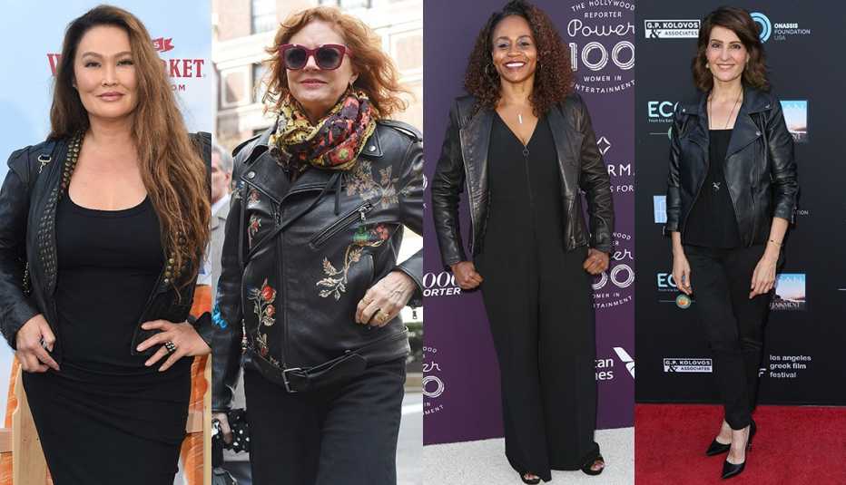 Black leather jackets worn with all black.