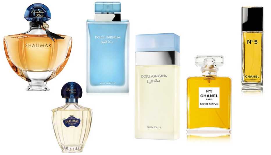 (l to r) Shalimar Eau de Parfum; Shalimar Eau de Cologne Natural Spray; Dolce & Gabbana Light Blue Eau De Parfum Intense; Dolce & Gabbana Light Blue Eau de Toilette; Chanel No 5 Eau de Parfum; Chanel No. 5 Eau de Toilette