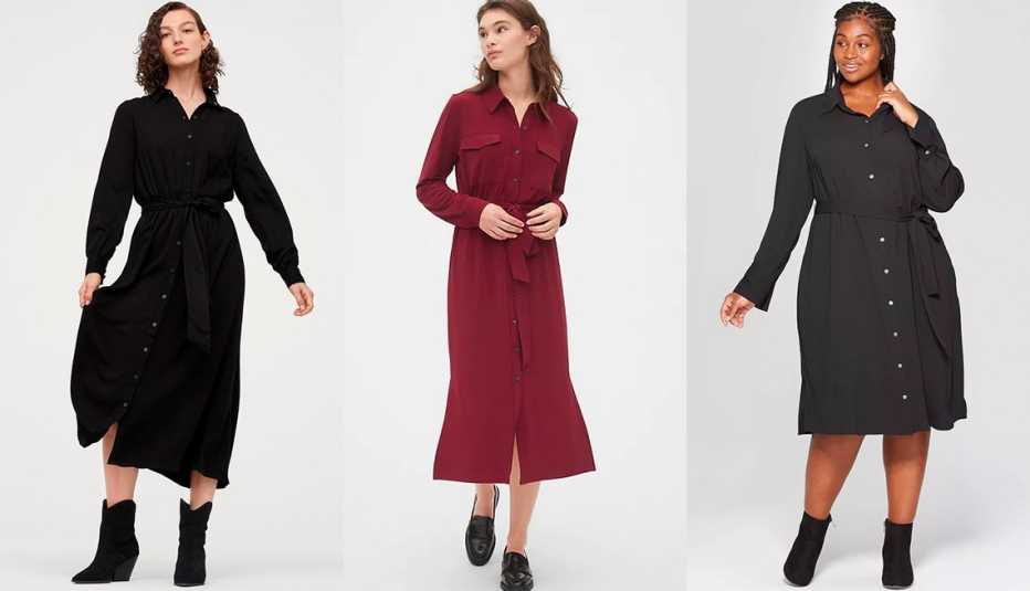 H & M Shirt Dress with Tie Belt, Gap Midi Knit Shirtdress,  Ava & Viv Women's Plus-Size Long Sleeve Collared Midi Shirtdress in Black