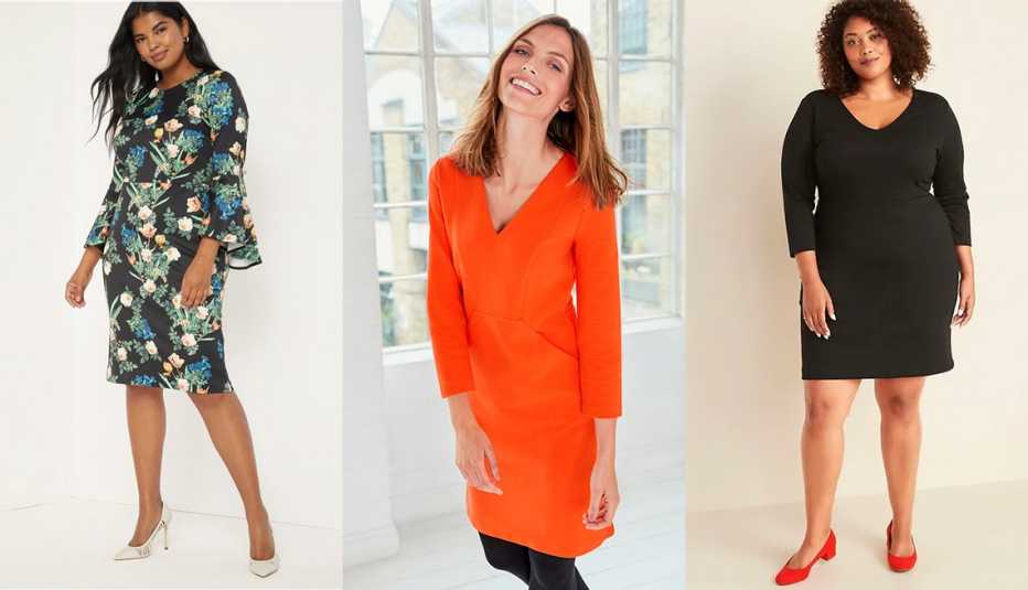 Eloquii Flare Sleeve Scuba Dress, Boden Bronte Jersey Dress in Firecracker, Old Navy Plus-Size Secret Slim V- Neck  Sheath Dress