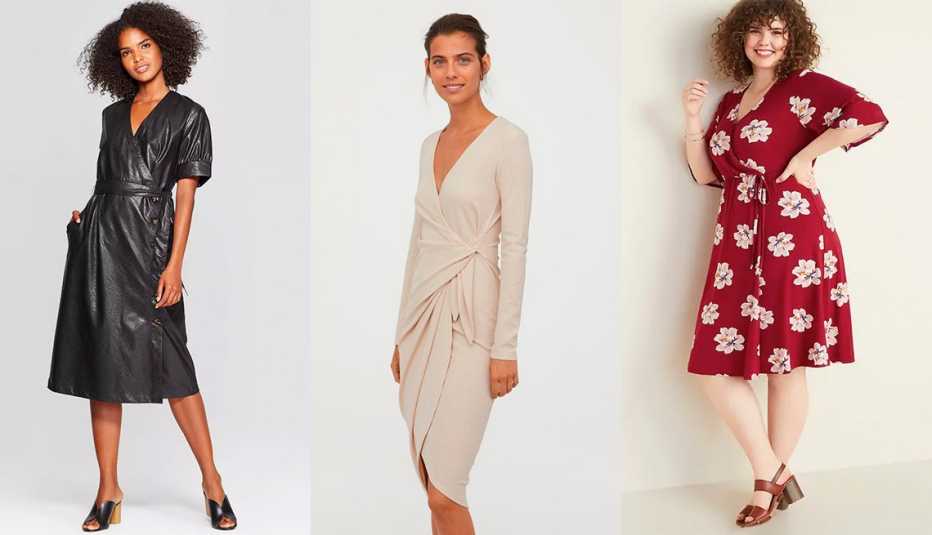 Who What Wear Women's Short Sleeve V-neck Wrap Front A-Line Midi Dress, H & M V-Neck Wrap Dress, Old Navy Fit and Flare Faux-Wrap Plus-Size Dress