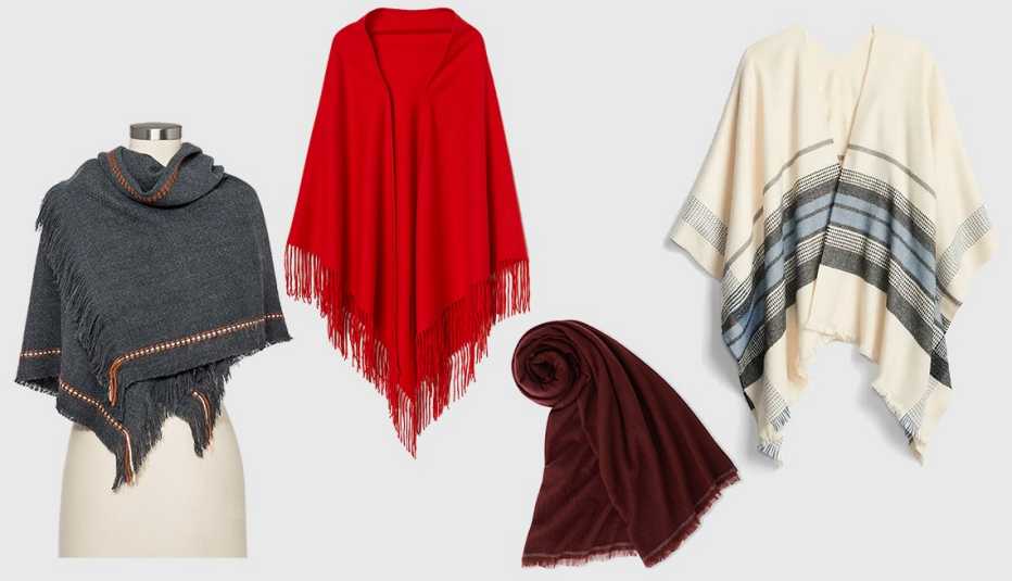 (l to r): Universal Thread Women's Striped Square Scarf,Triangluar Wool Scarf, Gap Cape Scarf, Uniqlo Women Cashmere Big Stole by Ines de la Fressange