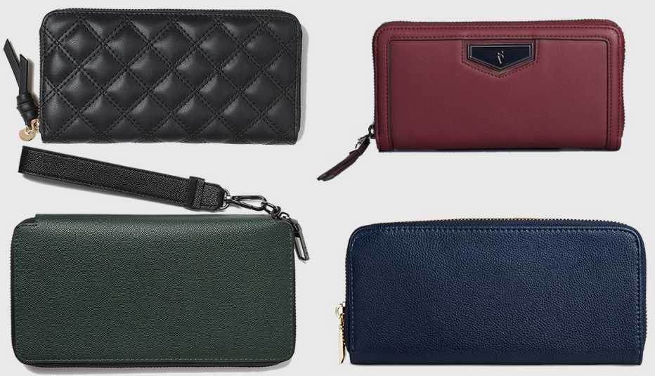 (Clockwise): H & M Large Wallet, Simply Vera Wang Signature Wallet, A New Day  Faux leather Wallet with Zip Closure, Zara XL Embossed Dress Wallet in Green