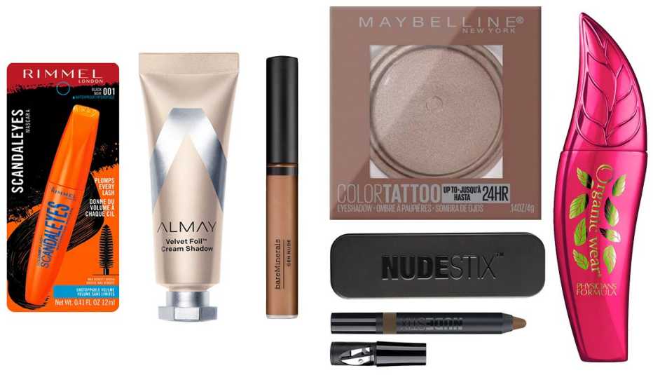 Rimmel ScandalEyes Volume Flash Mascara; Almay Velvet Foil Cream Shadow; BareMinerals Gen Nude Eyeshadow Primer; Maybelline Color Tattoo Longwear Cream Eyeshadow; Nudestix Magnetic Matte Eye Color; Physicians Formula Organic Wear Fake Out Mascara